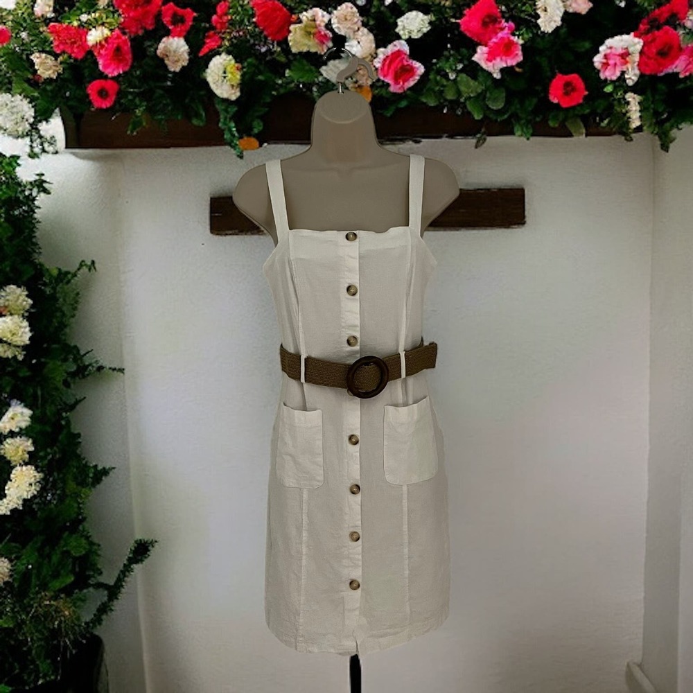 A tortoiseshell buckle belt linen lycra summer MIDI dress